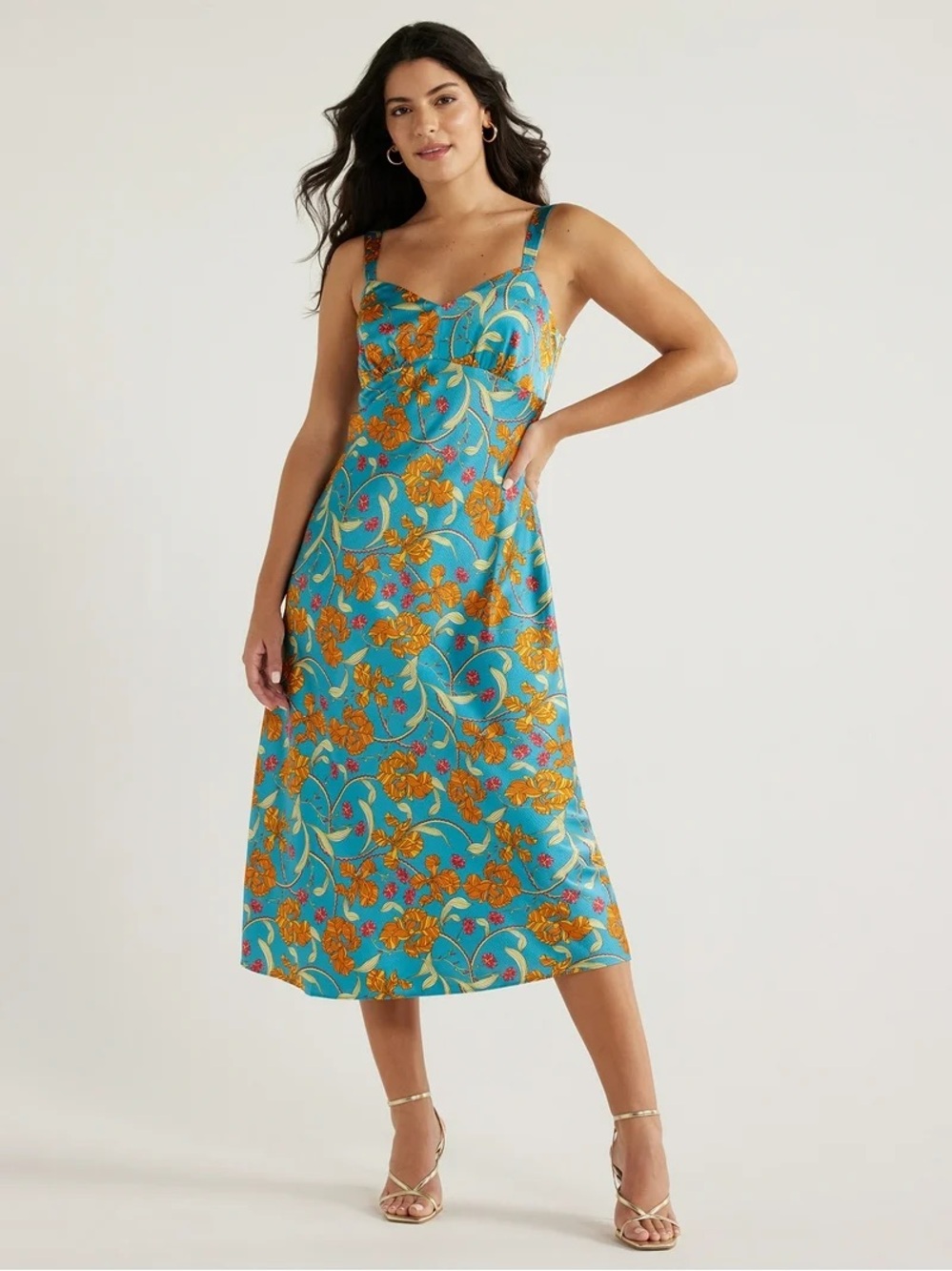 Teal XS Floral Midi Dress with Orange Accent Women Adjustable Straps